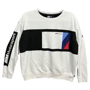 BMW Motorsport Sweatshirt Crewneck Graphic Sz L White Logo Colorblock Spellout